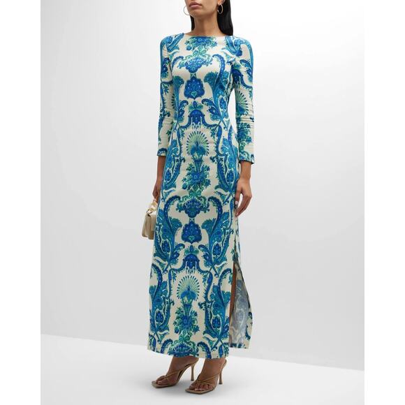 Cara Cara Aria Peacock Blue Print Long Sleeve Maxi Dress Size L - Picture 1 of 11